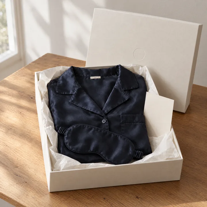 Concept render of an Ink silk set and eye mask in a gift box