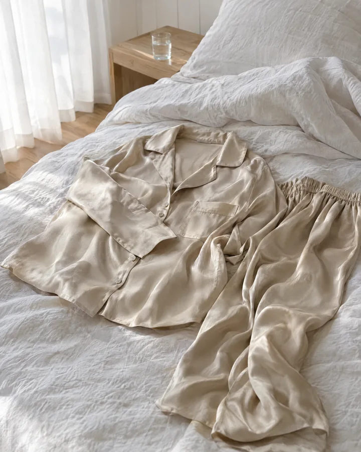 Concept render of an Oat silk long set laid on a linen bed