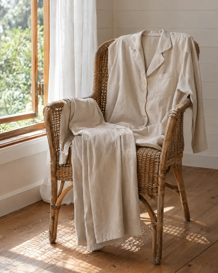 Concept render of the Oat lyocell long set on a cane chair