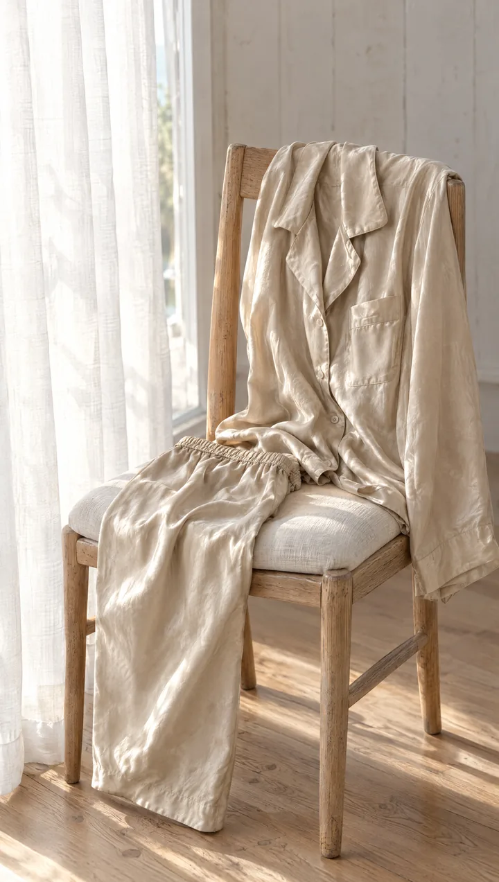 Concept render of an Oat silk long set on a chair in morning light